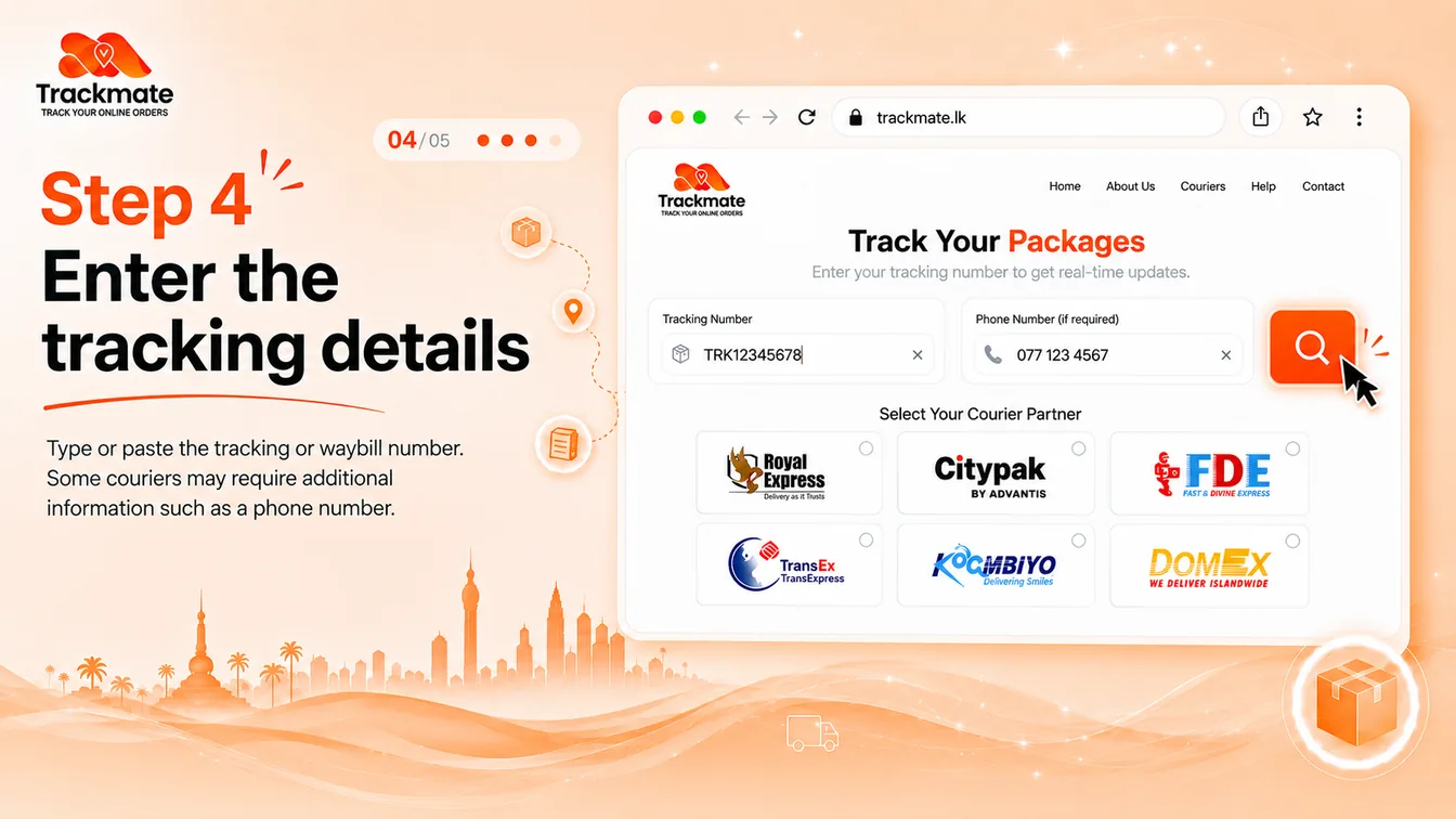 Type or paste your tracking or waybill number into Trackmate, with a phone number field for couriers that require it