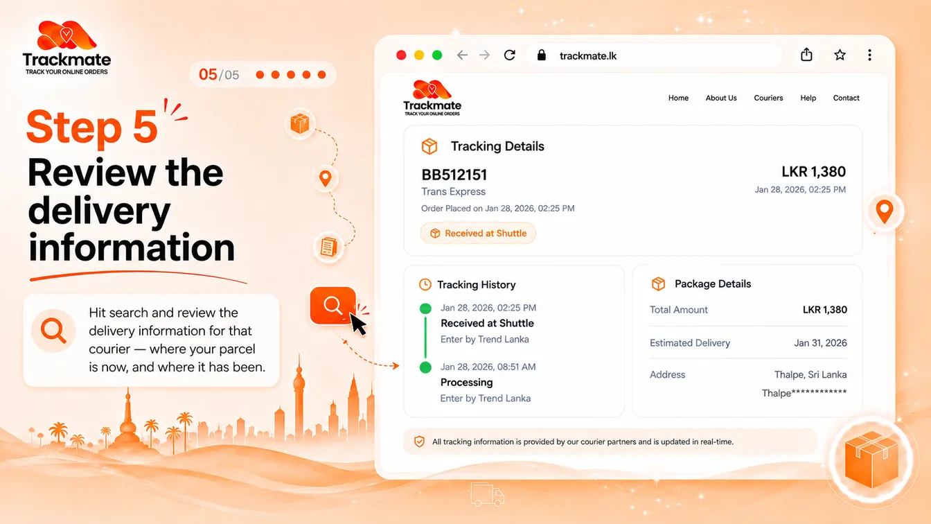 Trackmate tracking results showing parcel status, tracking history timeline and package details